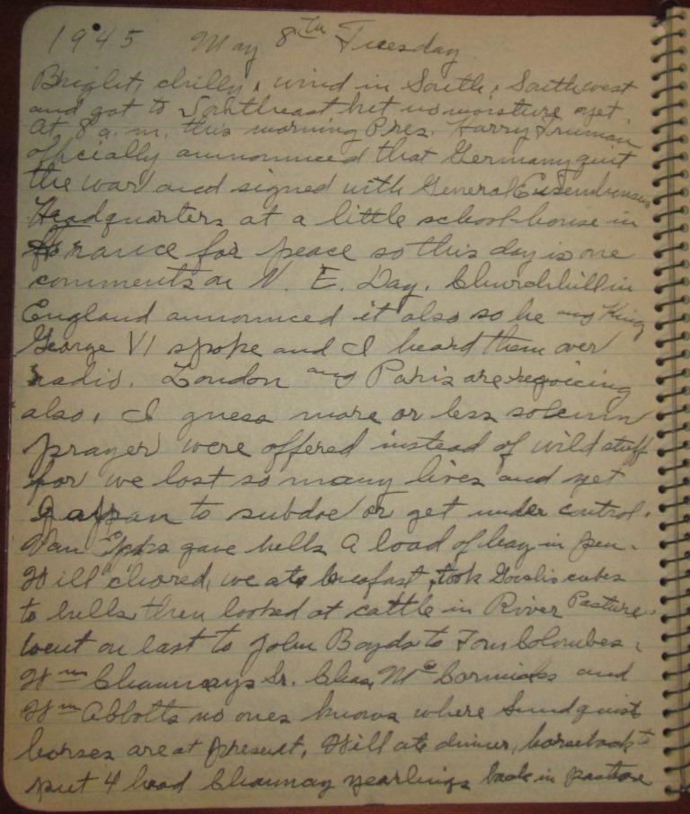 Hattie's entry for May 8, 1945